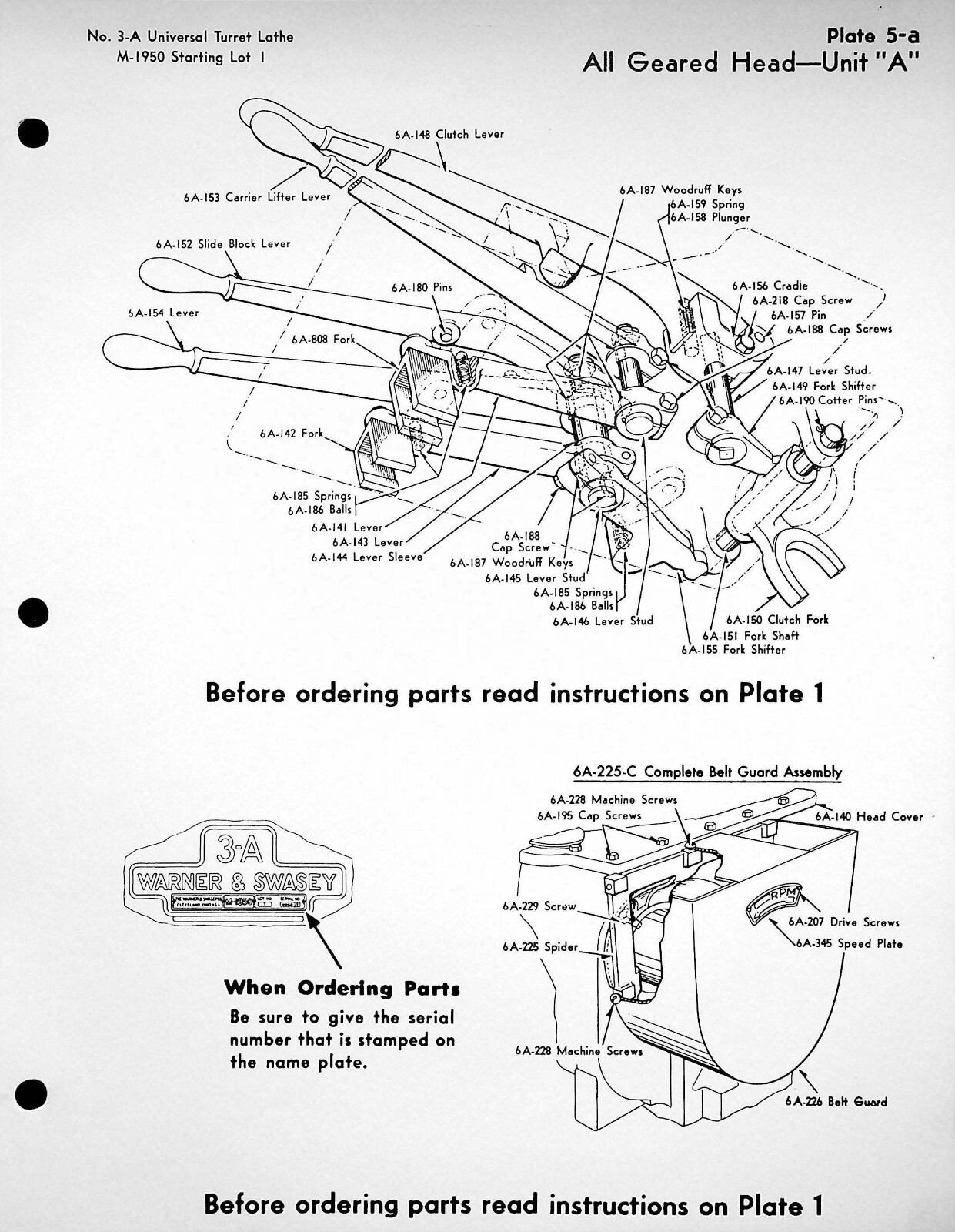 3 Turret Lathe Parts Manual Fits Warner & Swasey No. 3-A, Model M-1950 SW18
