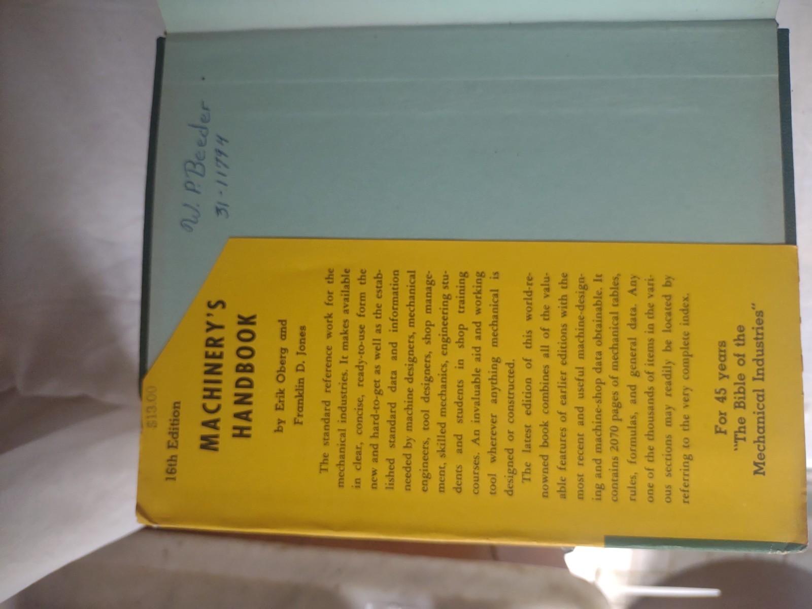 Machinery’s Handbook Vintage Reference Book 16th Edition By Oberg & Jones 1959