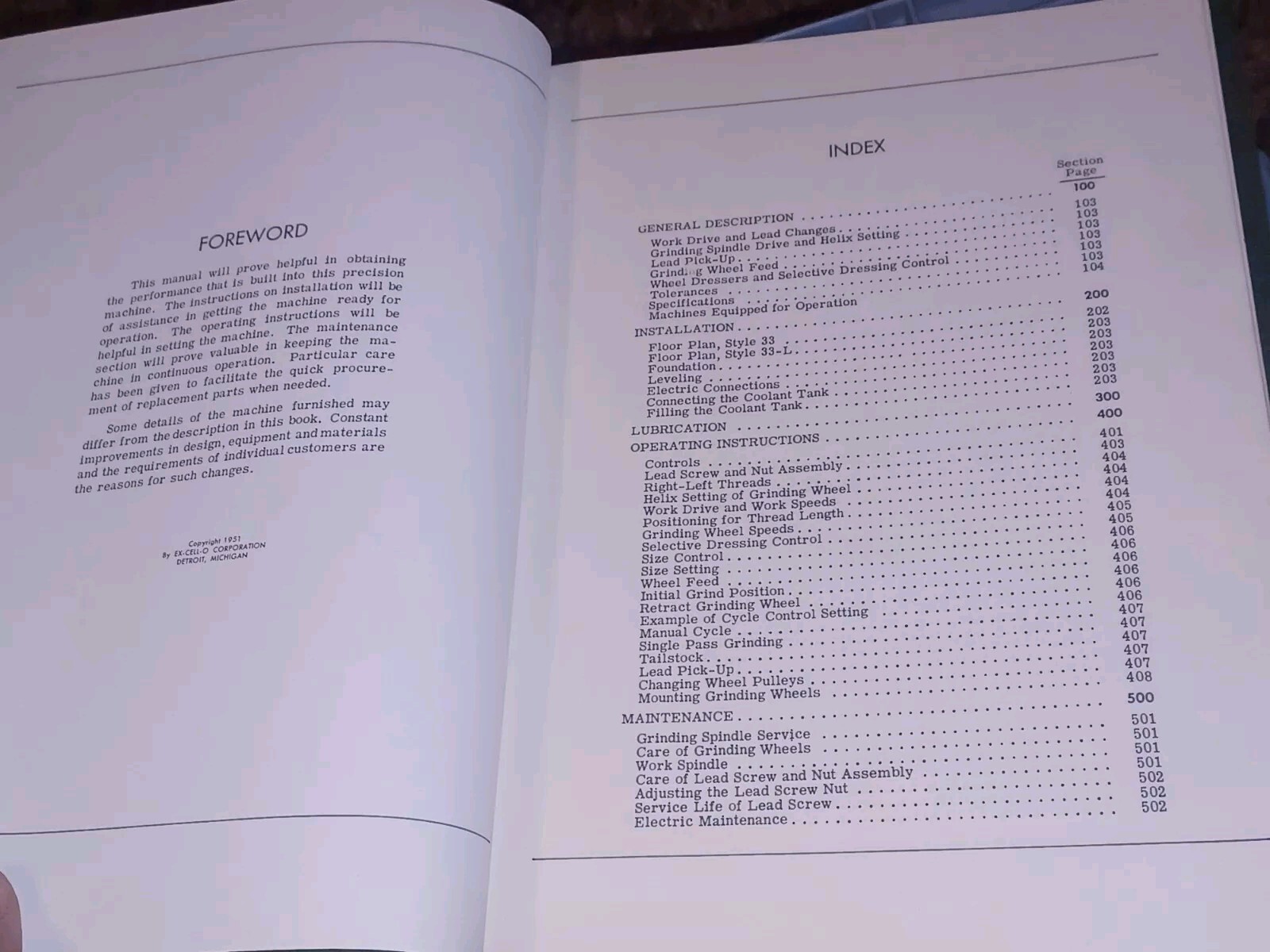 Excello 33 and 33L Thread Grinder Operations Maintenance Wiring Manual 1951 Book