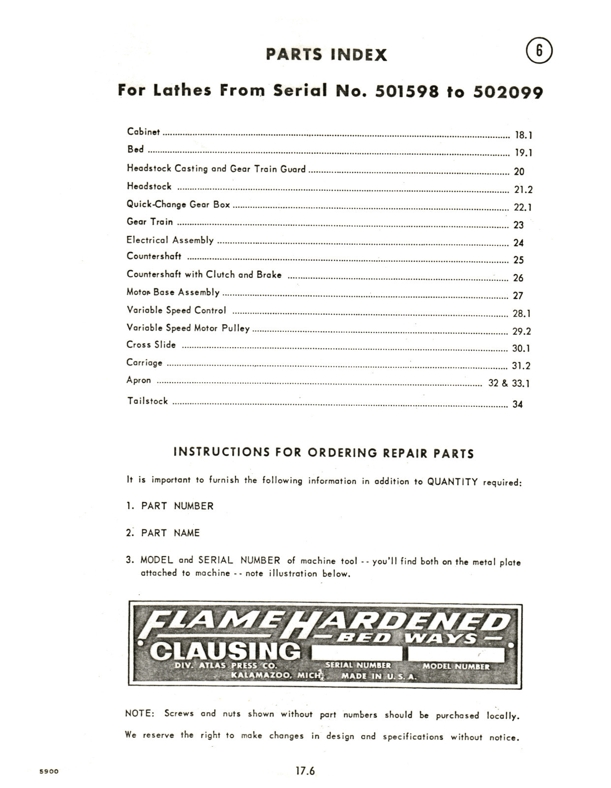 Clausing 12″ Lathe 5900 Series sn 501598 to 502099 Instruction & Parts #1373