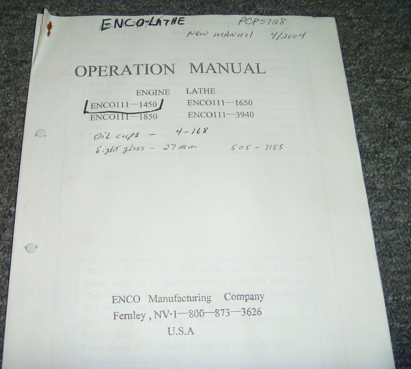 Enco Lathe ENCO111-1650 & ENCO111-3940 Engine Lathe Owner Operator Manual