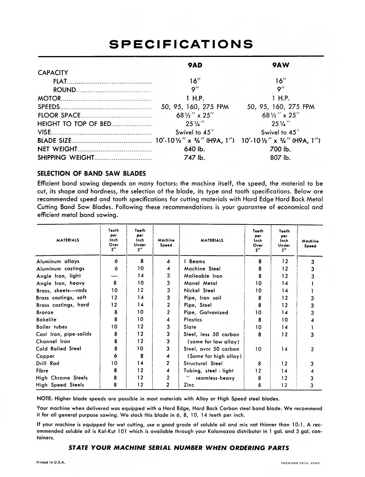 Kalamazoo Bandsaw 9A, H9A Series Service Manual & Parts List Manual #801
