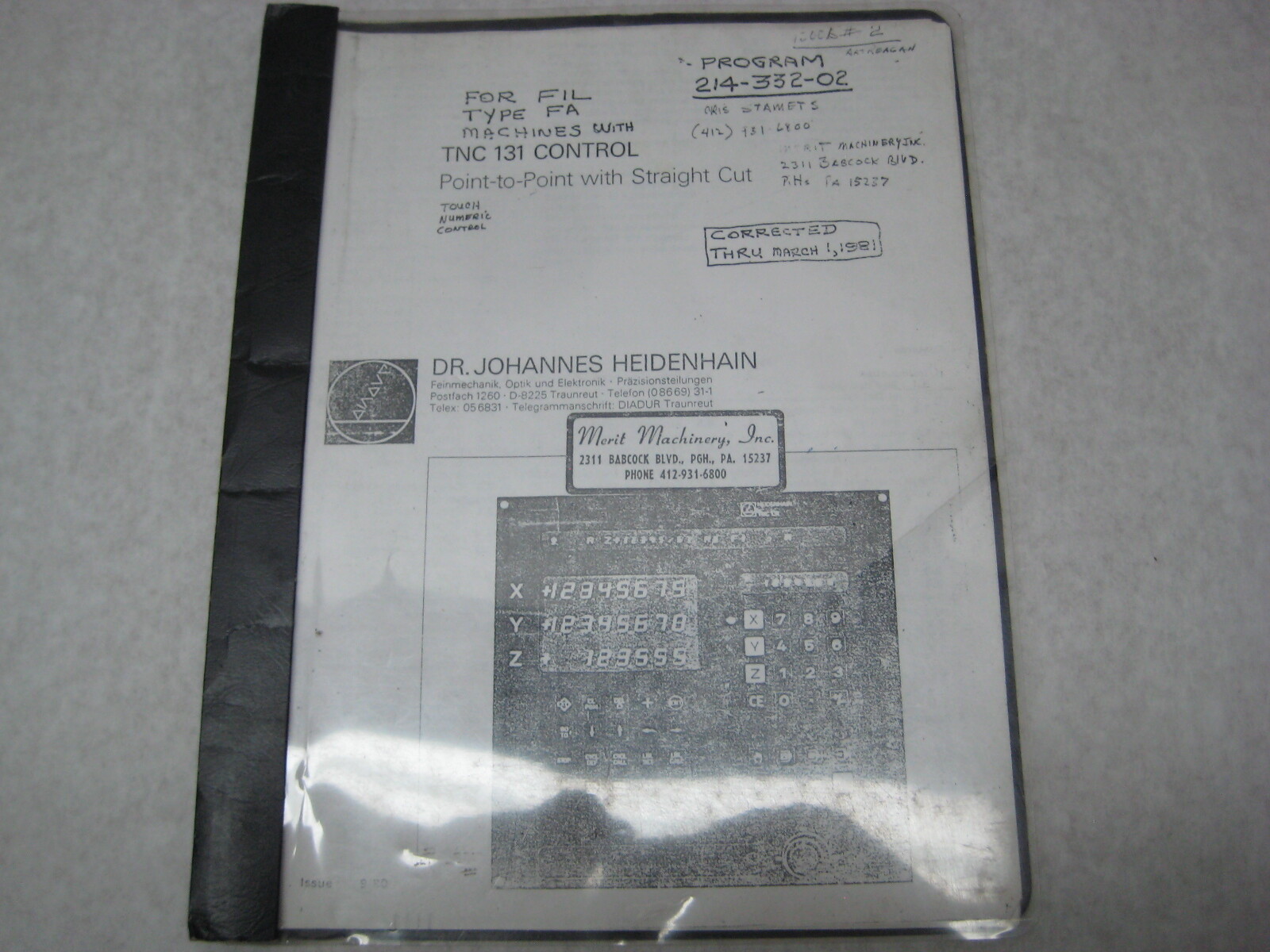 HEIDENHAIN TNC 131 CONTROL POINT TO POINT STRAIGHT CUT OPERATING MANUAL 1980