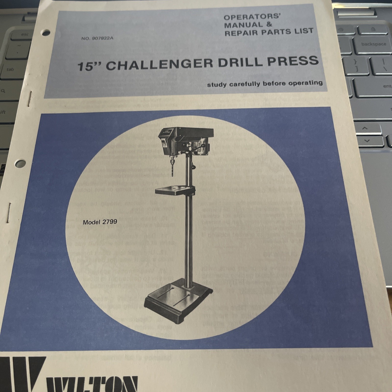 Witon Operators’ Manual Repair Parts List 15″ Challenger Drill Press Model 2799