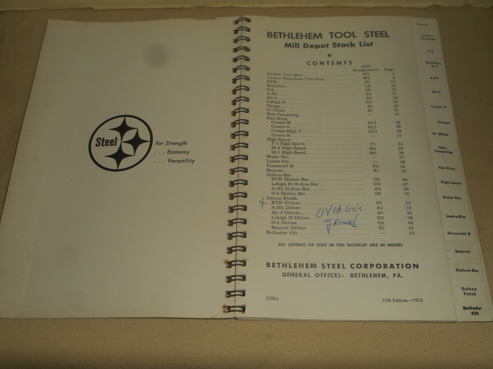 BETHLEHEM STEEL Tool Steel Mill Depot Stock List 1973 Salesman Catalog Data Spec
