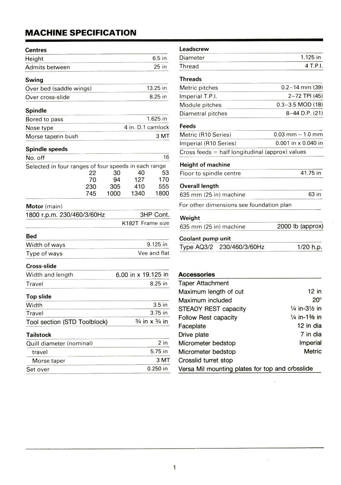 Colchester Student 1800G Lathe SN: 08818 up Instruction and Parts Manual #1512