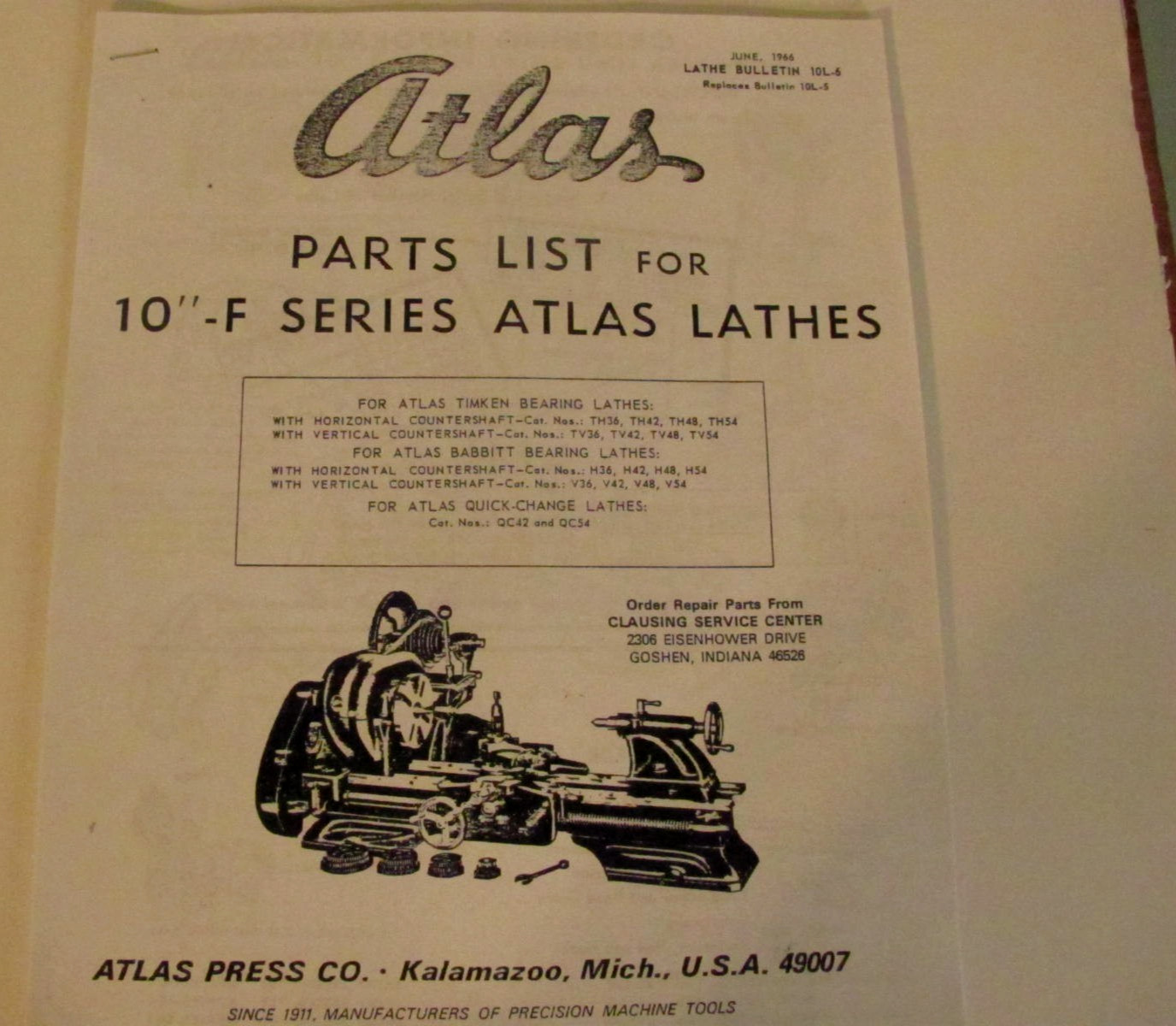 PARTS LIST FOR 10″- F SERIES ATLAS LATHES, ATLAS PRESS CO. BULLETIN JUNE 1966