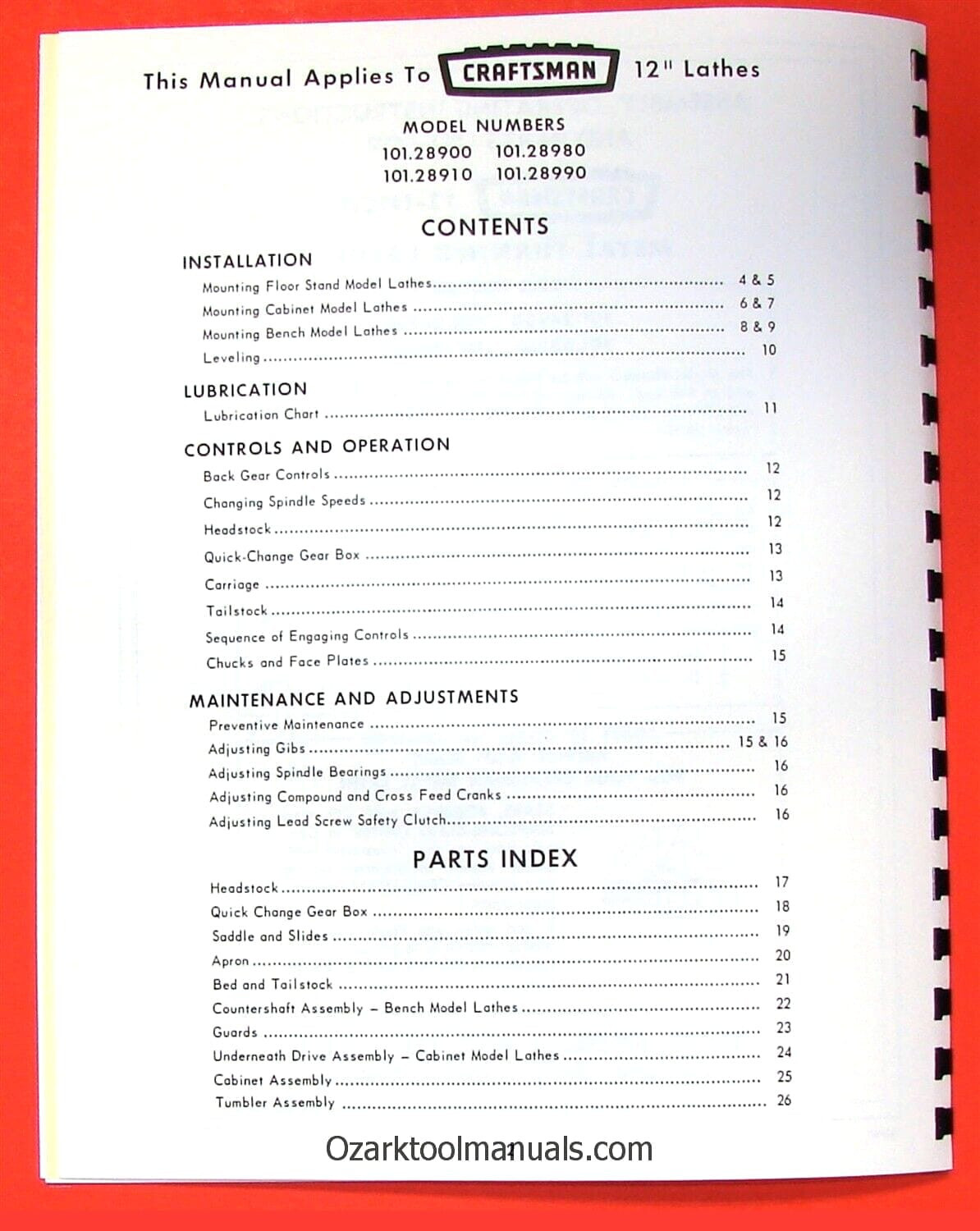 CRAFTSMAN 101.28900 101.28910 101.28980 101.28990 12″ Lathe Parts Manual 0857