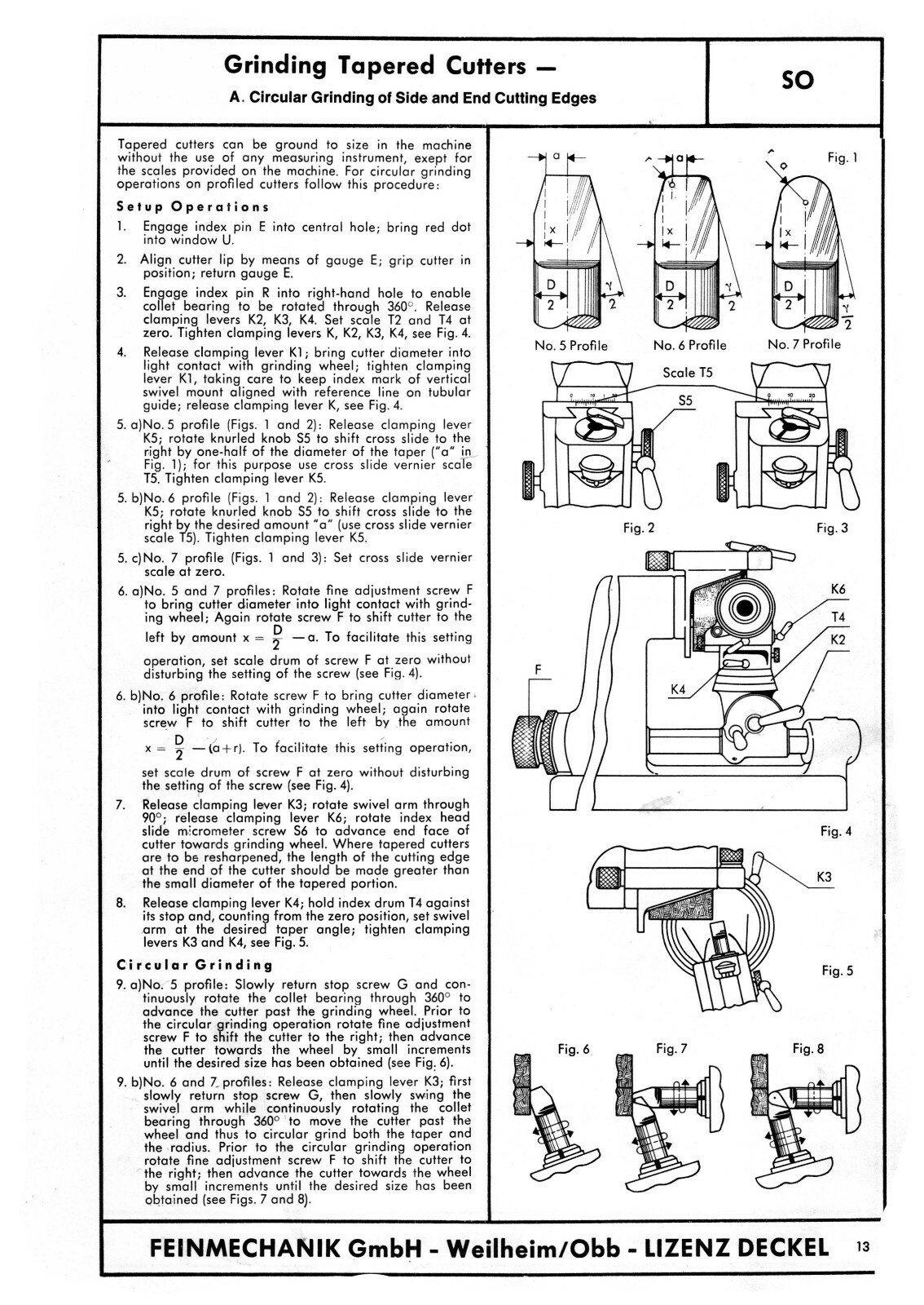 Deckel Single Lip Cutter Grinder SO Operating Instruction Manual #1590