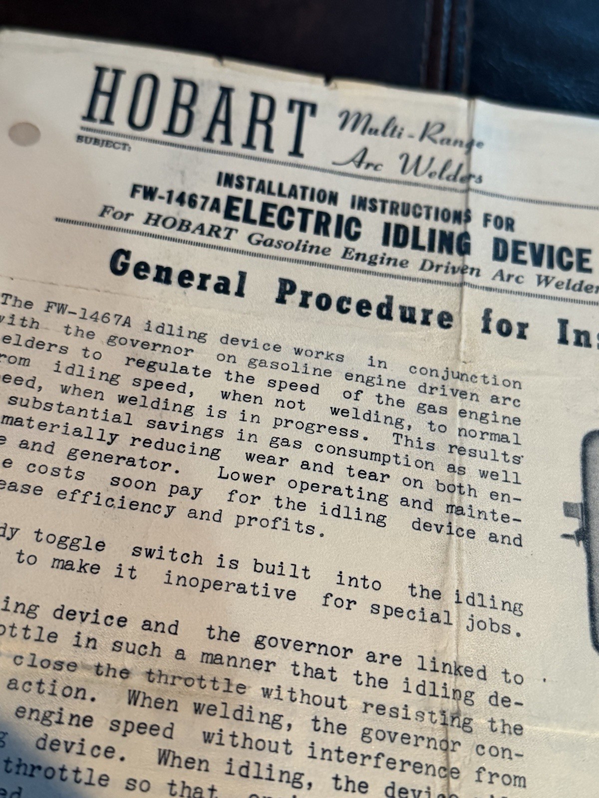 Hobart Electric Idling Device Few-1467A Arc Welder Installation Instructions
