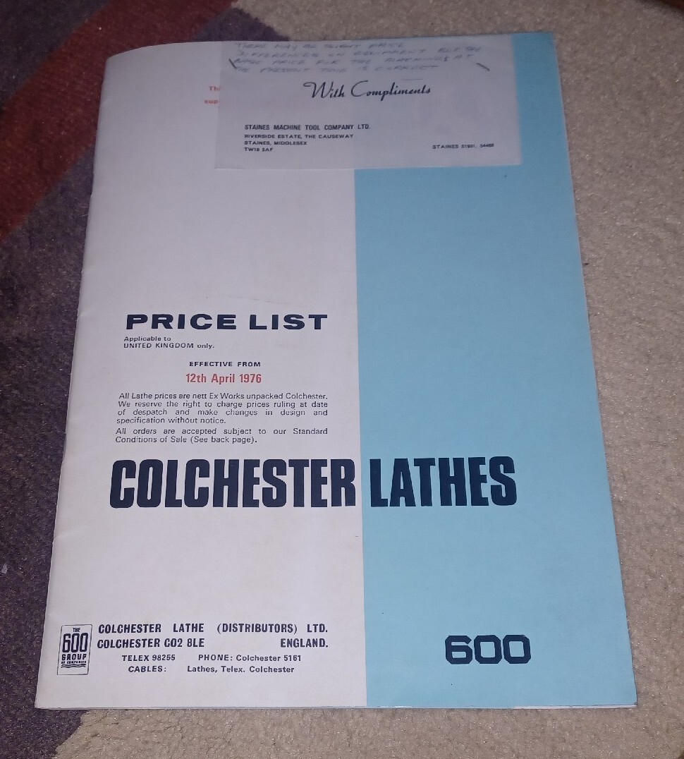 Colchester Lathes April 1976 Price List THE 600 GROUP Book Catalog ORIGINAL