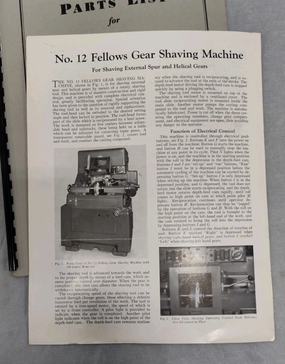 Fellows No. 12 Type Gear Shaving Machine Parts List + Flyer Machining Vintage