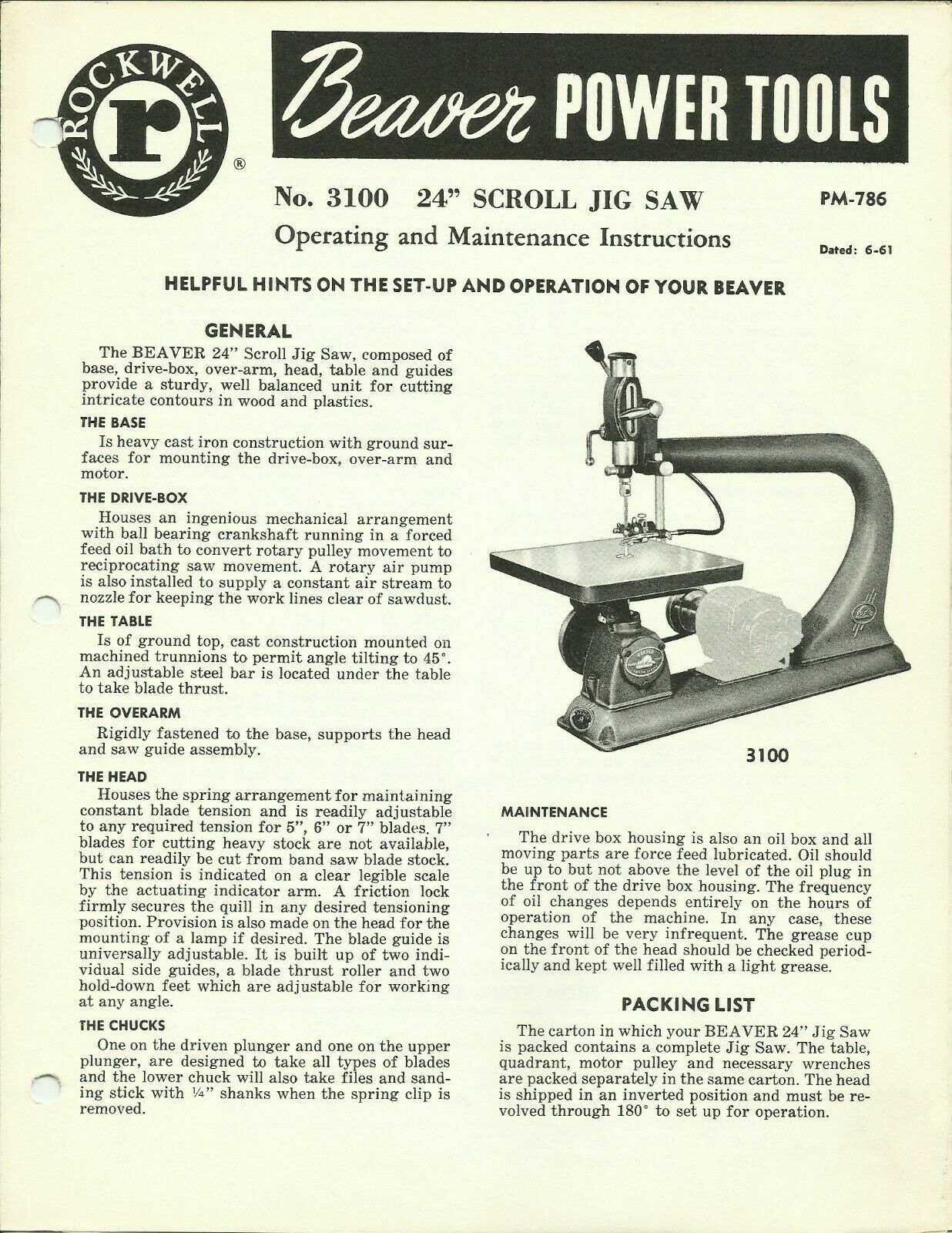 Operator Instruction Maint Manual Beaver Power Tools 3100 24in Scroll Jig Saw 19
