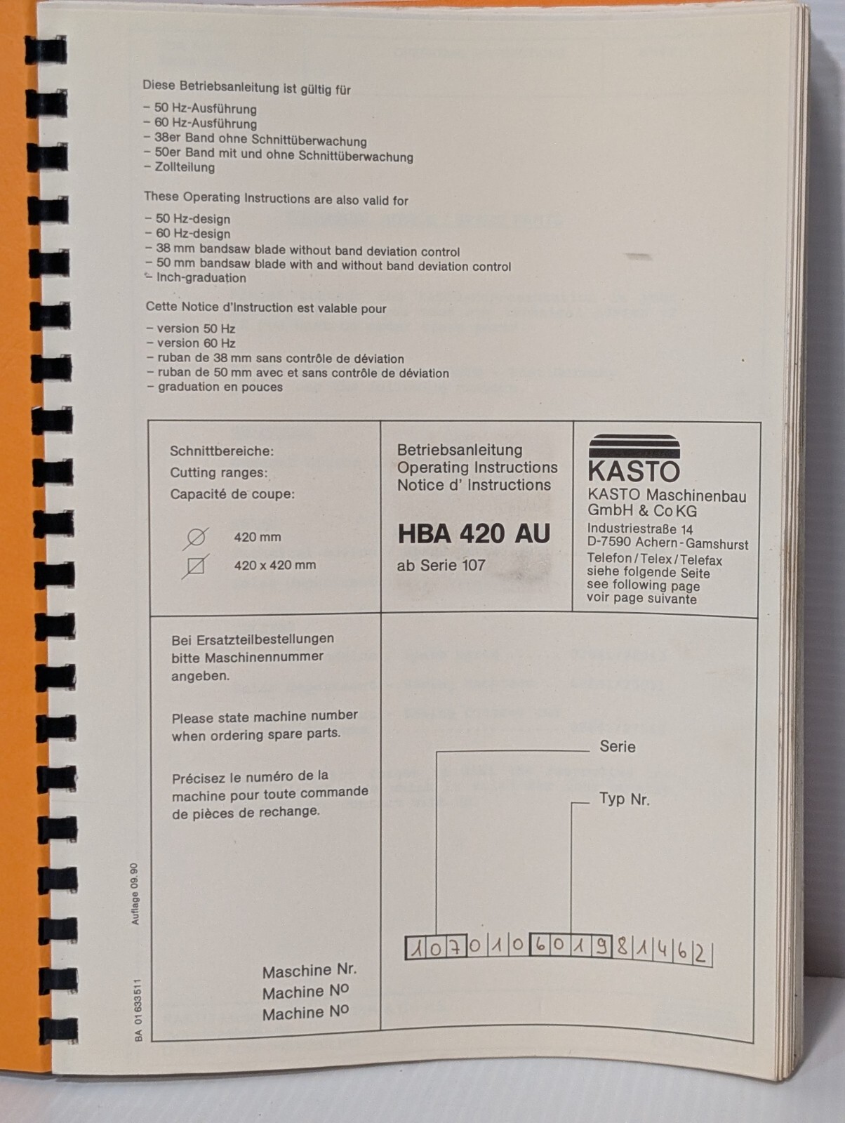 Vintage Kasto HBA-420-AU Series 107 CNC Bandsaw Operating Instructions Manual