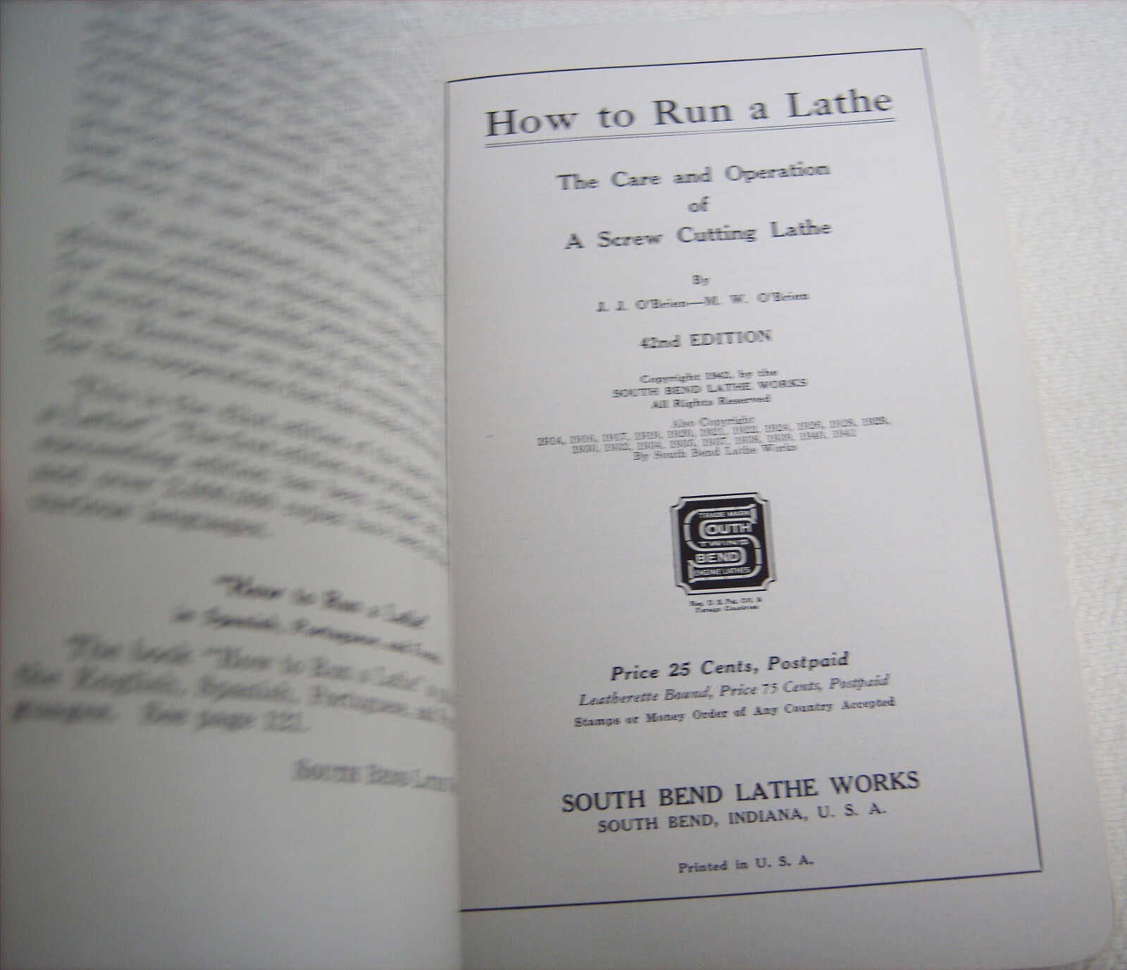 Vtg 1942 How to Run a Lather Southy Bend Works O’Brien Manual 42nd Edition NOS