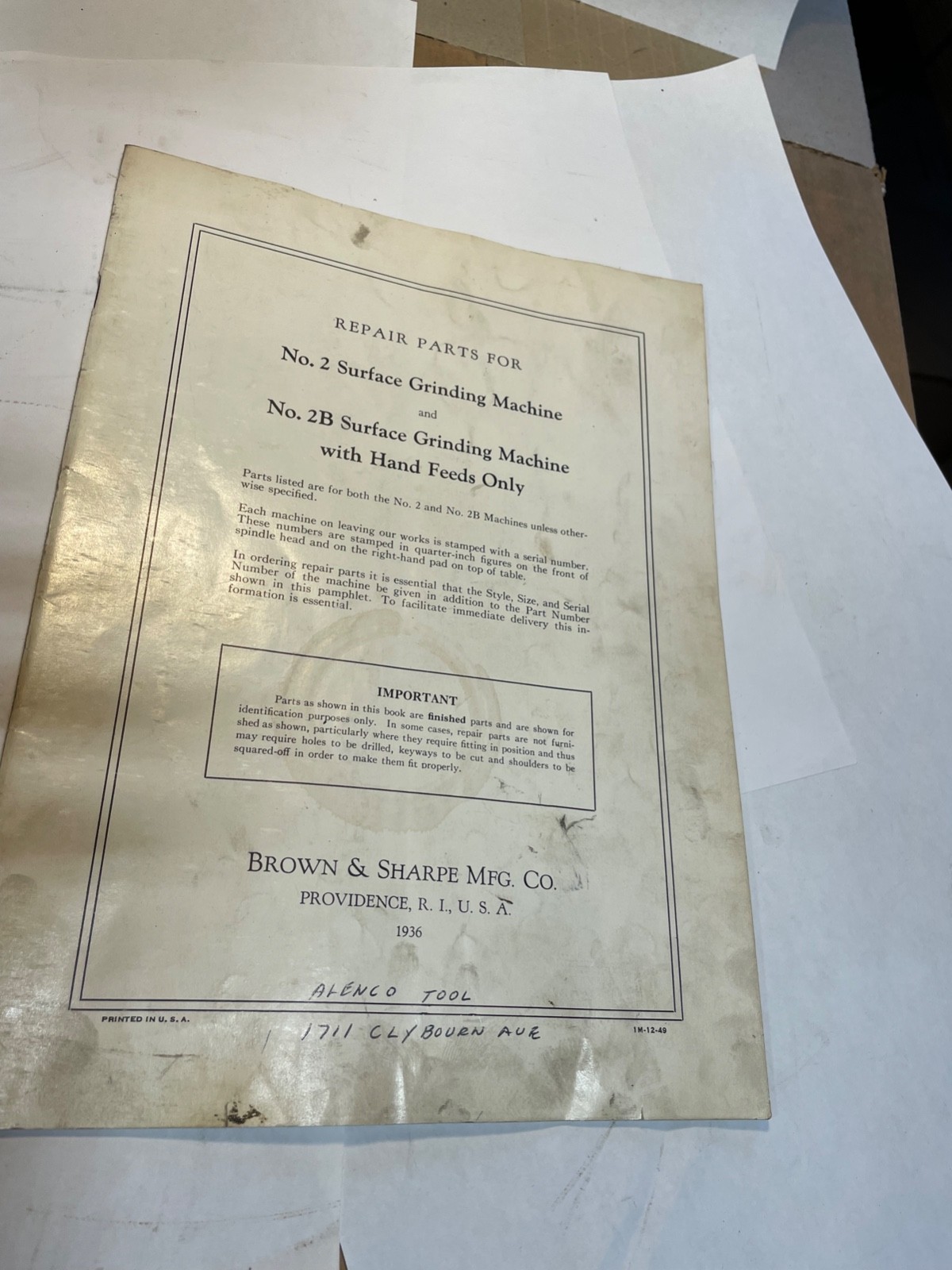 Brown & Sharpe No.s 2 & 2H Hand Feed Surface Grinding Machines Parts Manual