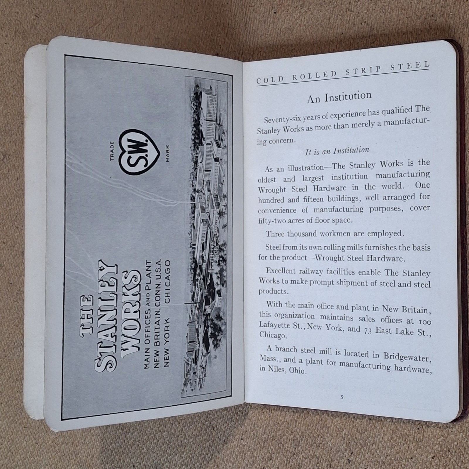 1919 STANLEY WORKS COLD ROLLED STRIP STEEL BOOKLET New Britain CT