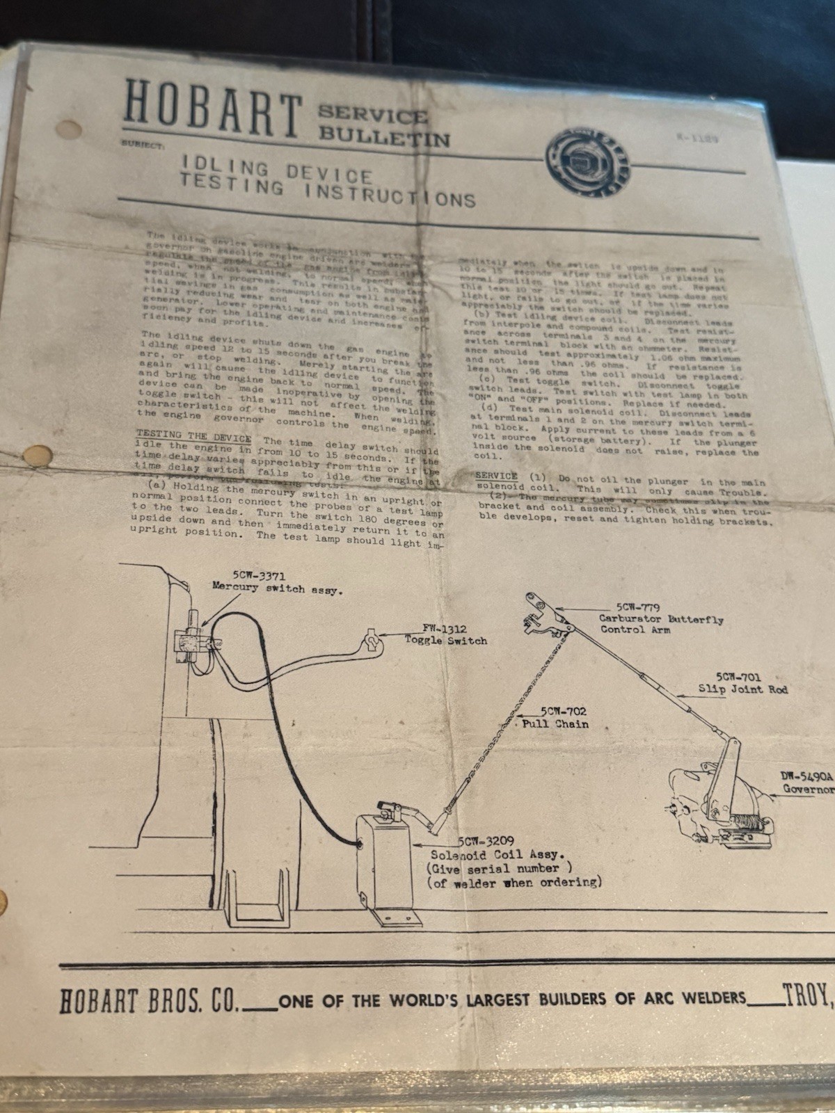 Hobart Service Bulliten Idling Device Testing Instructions K-1129 Arc Welding