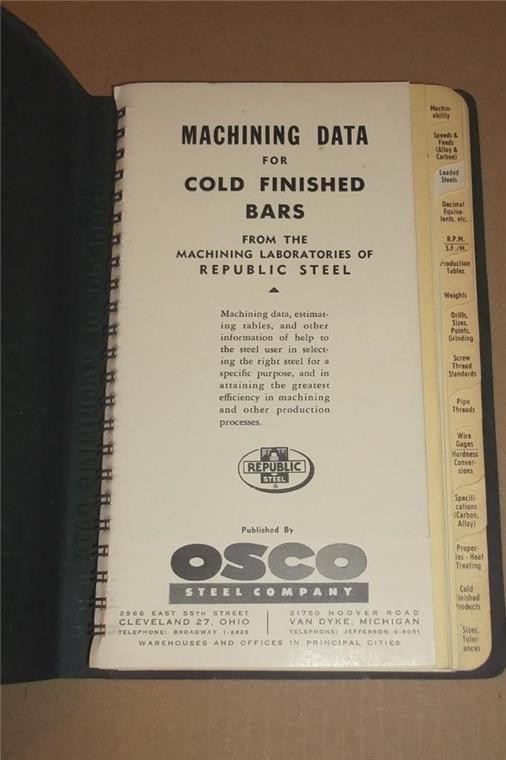 1957 REPUBLIC STEEL LABORATORIES MACHINING DATA OSCO STEEL CATALOG w THUMB INDEX