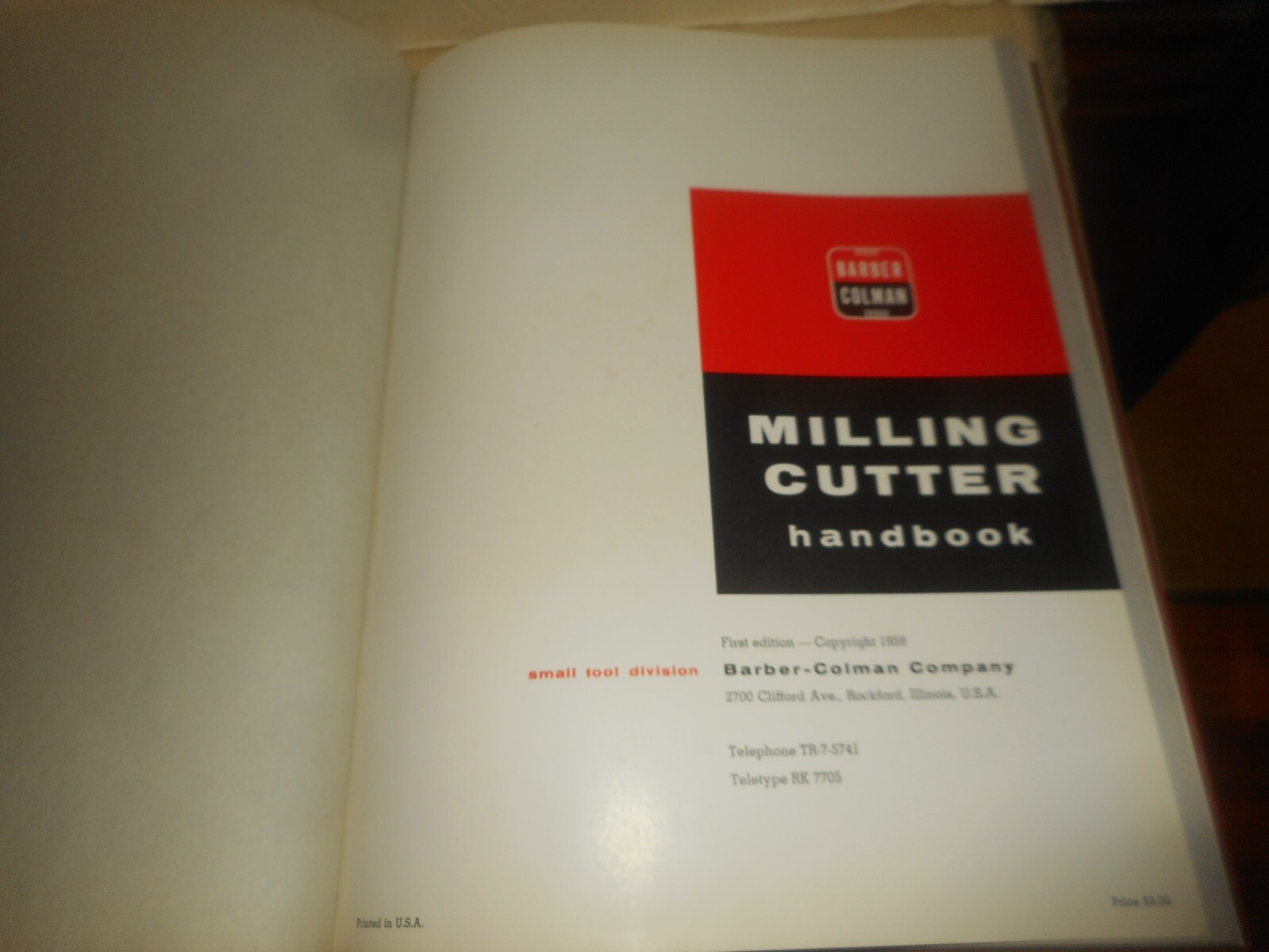 BARBER COLEMAN Co. Milling Cutter Handbook 1959 Hardcover Book 1st Rockford IL
