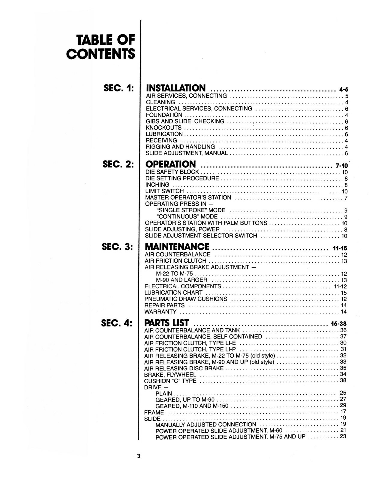 Niagara M Series Presses Operation, Maintenance, & Parts List Manual #1654