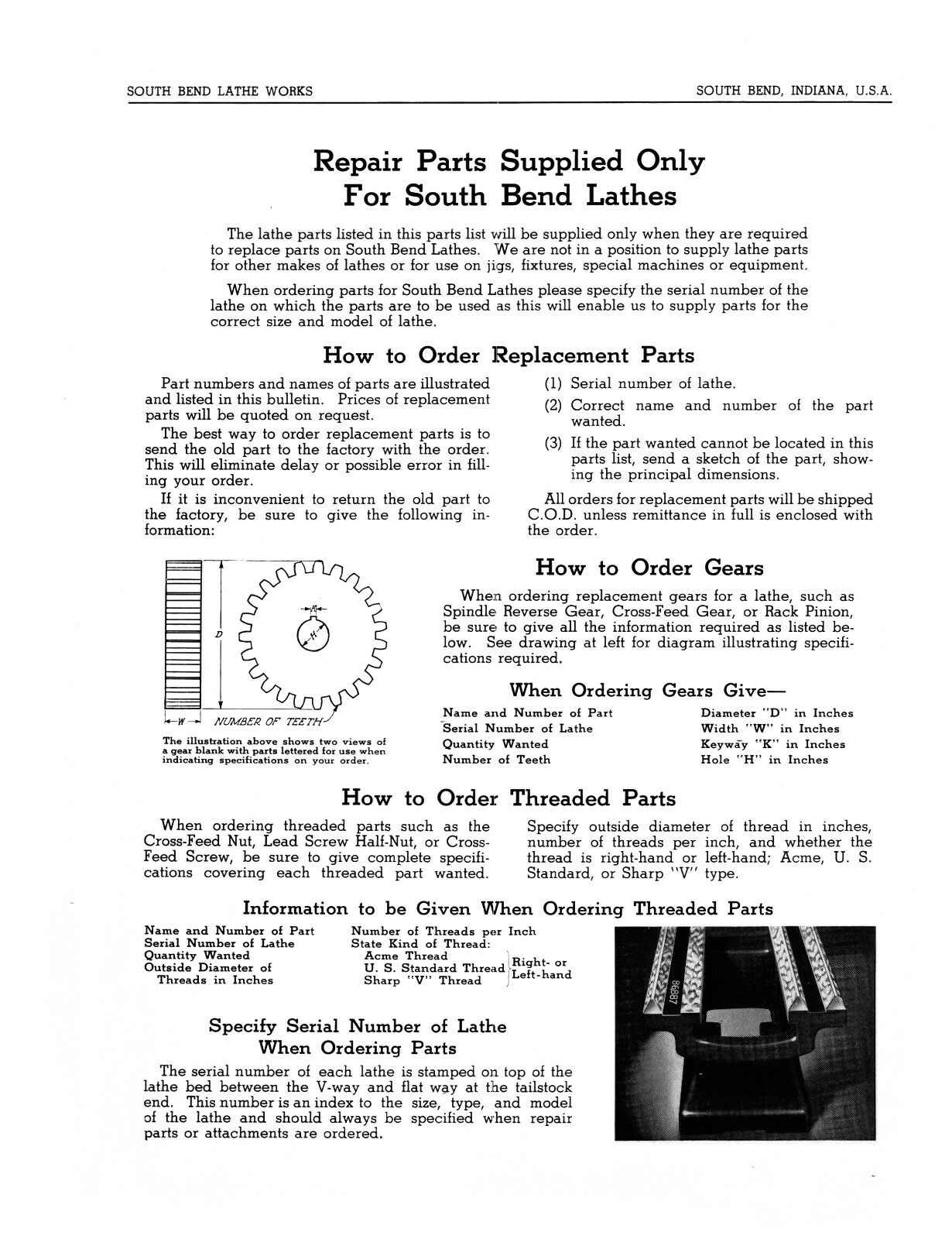 South Bend 9″ Model C Lathe Replacement Parts List Manual #1289
