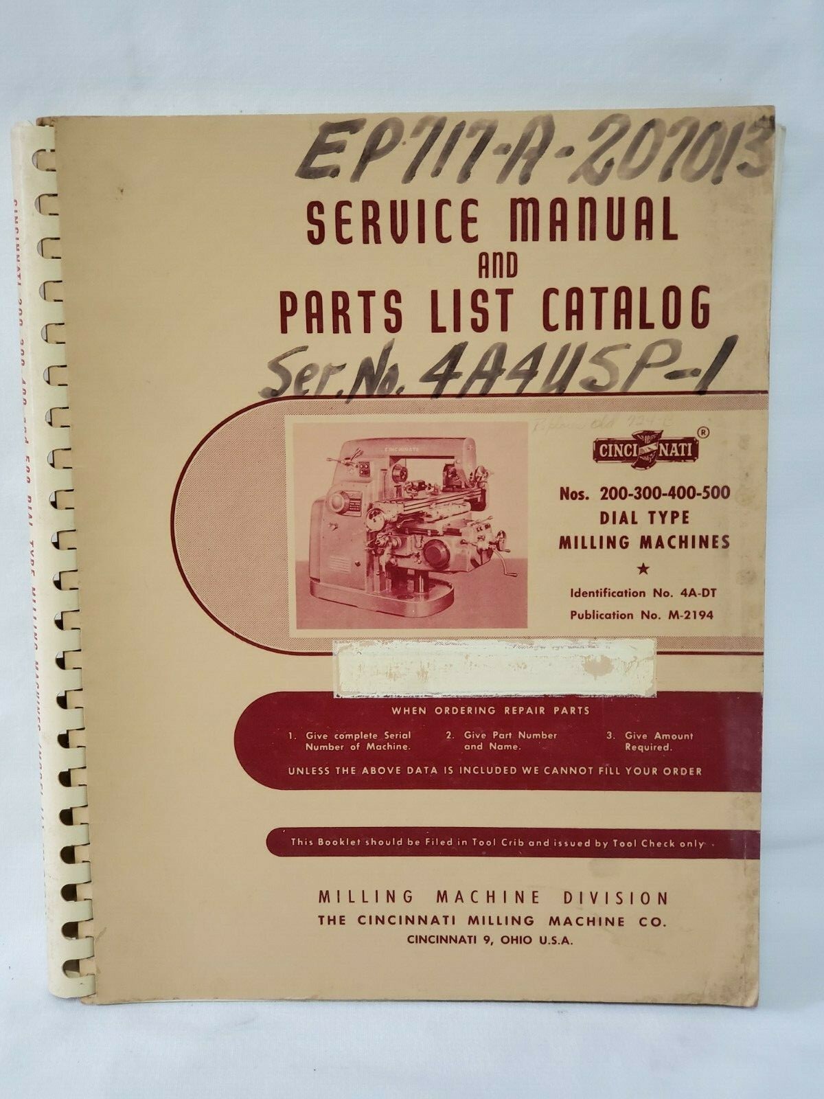 Cincinnati 200 300 400 500 Dial Type Milling Machines Service Manual Parts List