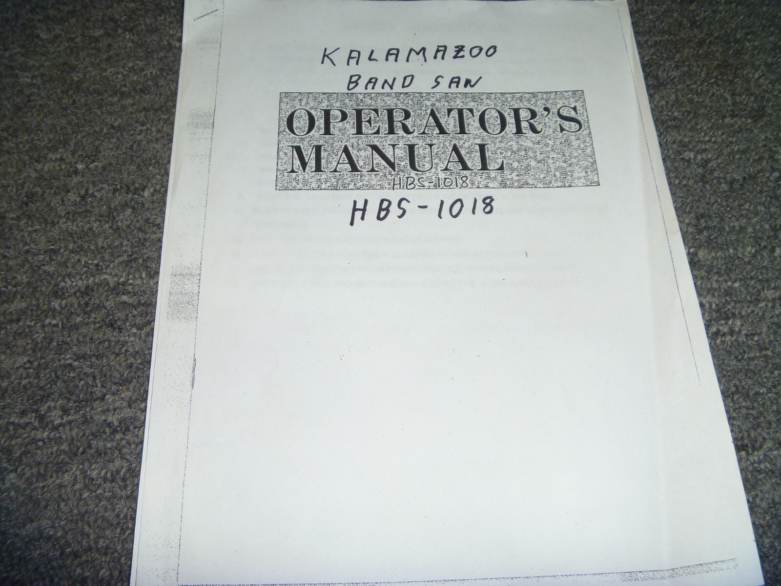 Kalamazoo HBS-1018 Band Saw Owner Operator Manual User Guide