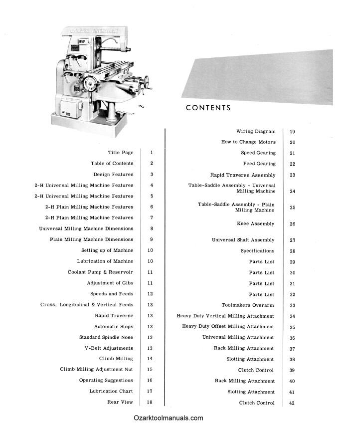 Greaves Cincinnati 2H Plain Universal Milling Machine Operator Parts Manual 1265