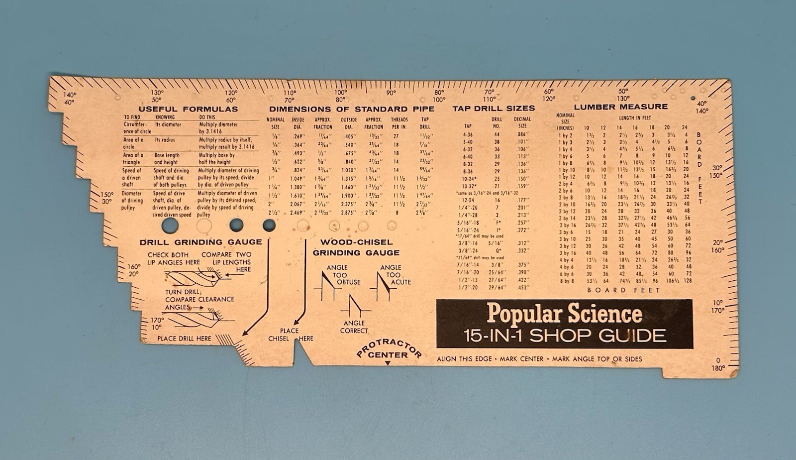 Vintage Popular Science 15-In-1 Shop Guide Tool Gauge Ruler Drill Screw Chart