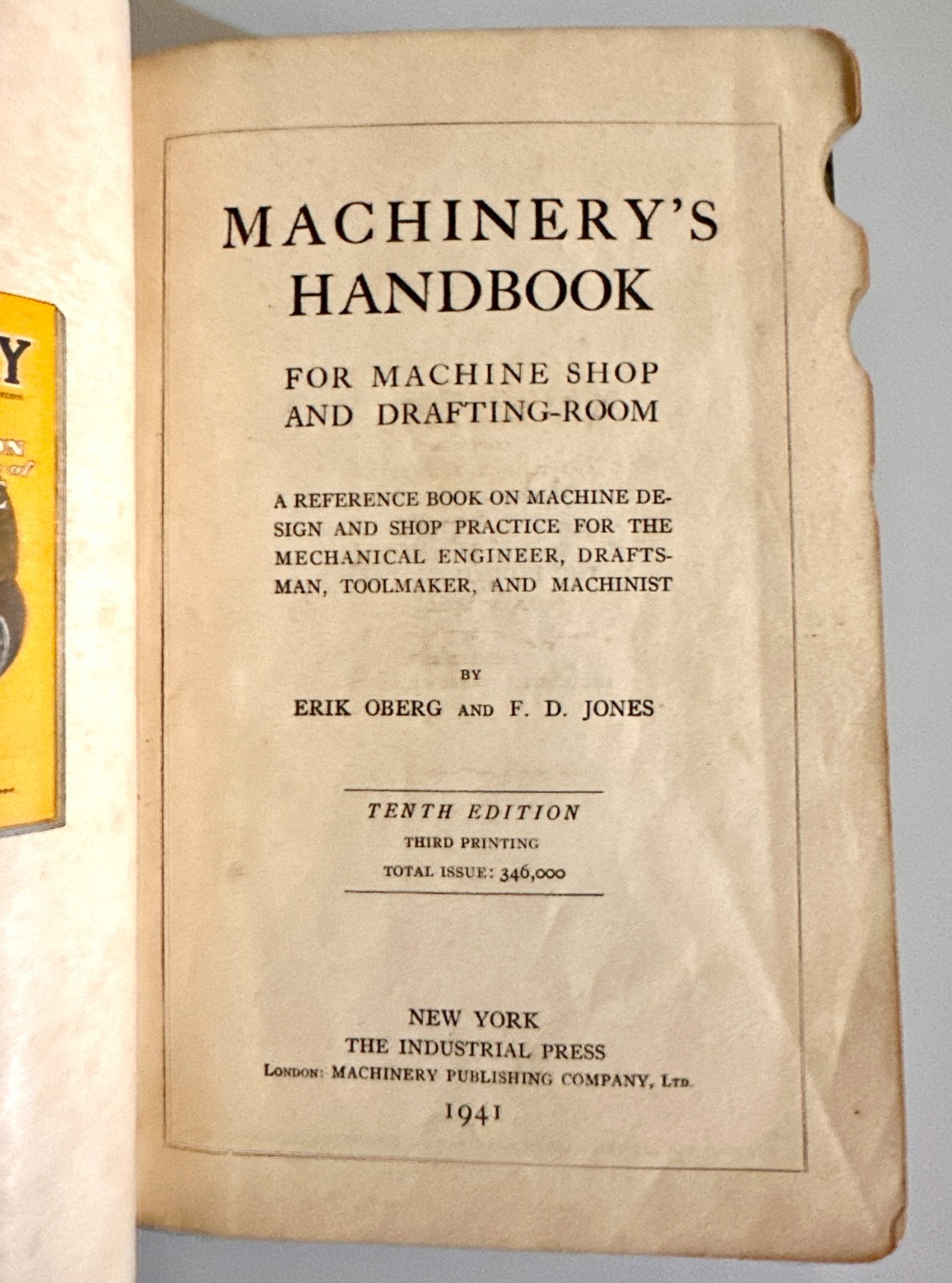 Machinery’s Handbook 10th Ed. 1941 Oberg Jones Industrial Press Machinist Book