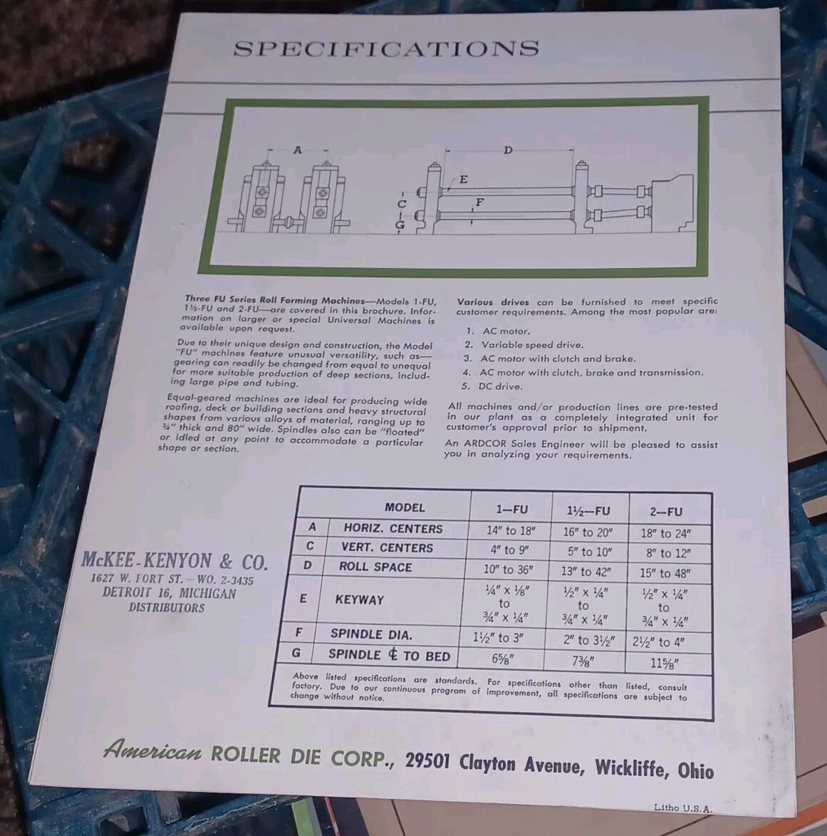 AMERICAN ROLLER DIE CORPORATION ARDCOR ROLL FORMING EQUIPMENT CATALOG FU SERIES
