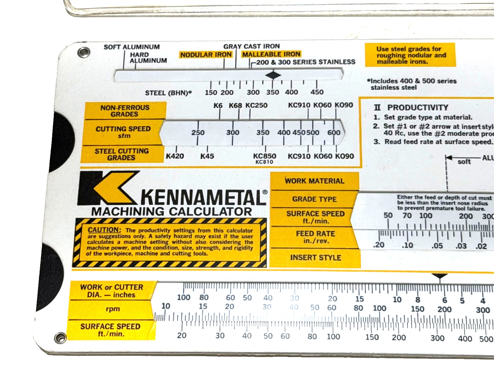 LOT of KENNAMETAL SLIDING CHART / MACHINING CALCULATOR