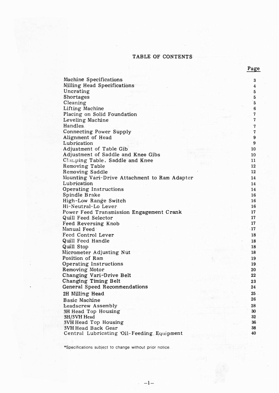 Comet 3H, 3VH Vertical Milling Machine Operation & Parts List Manual #1406