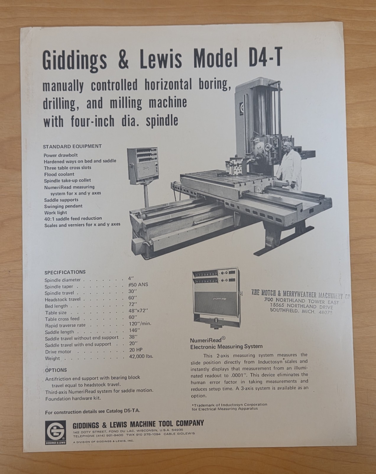 GIDDINGS & LEWIS Model D4-T Horizontal Boring Mill Sales Brochure circa 1972