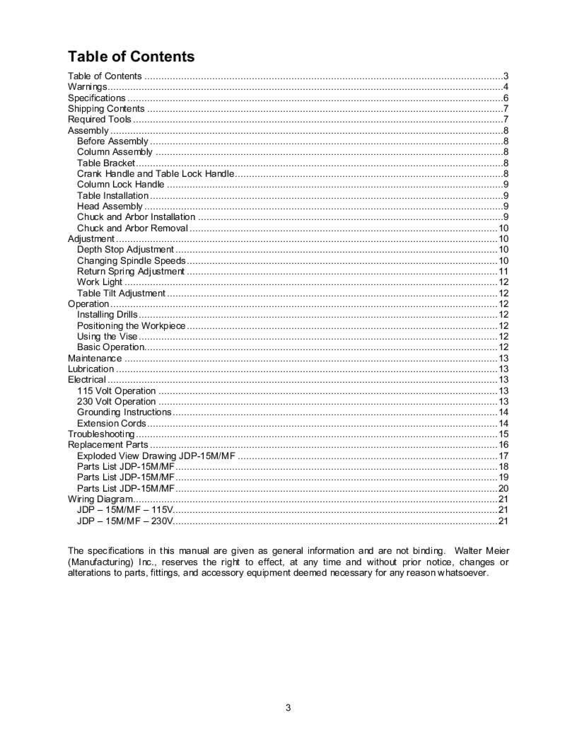Jet JDP-15M/MF Drill Press Operator & Parts List Manual *234