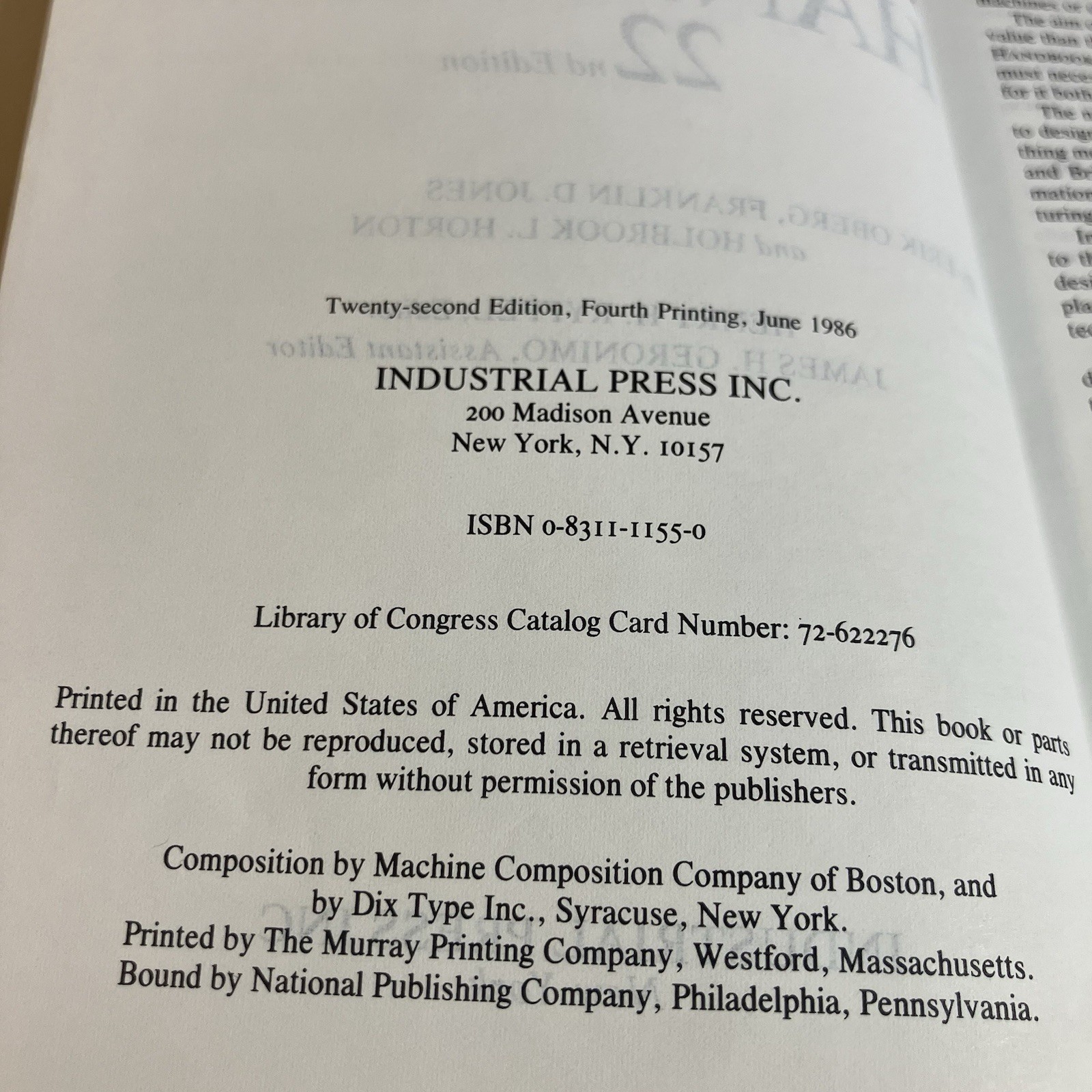 Machinery’s Handbook 22nd Ed. 1986 Fourth Printing – Industrial Press
