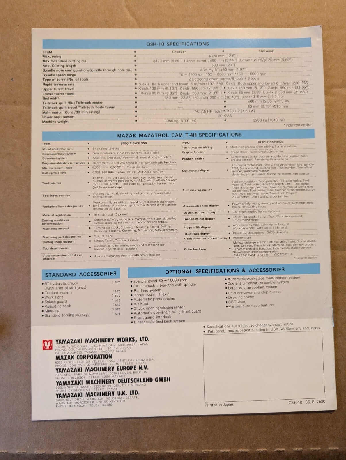 Mazak QSH-10 4 Axis CNC Lathe Parts Catalog Brochure 15 pages