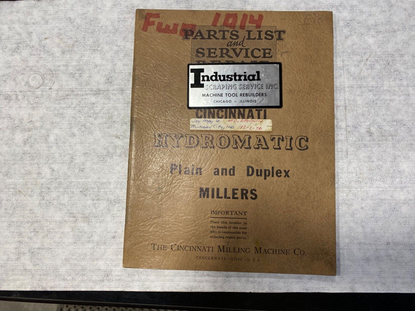 Cincinnati Hydromatic Plain & Duplex Millers Parts List & Service Repair Manual.