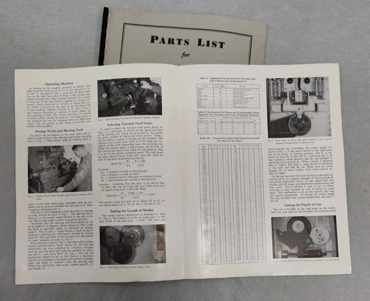 Fellows No. 12 Type Gear Shaving Machine Parts List + Flyer Machining Vintage
