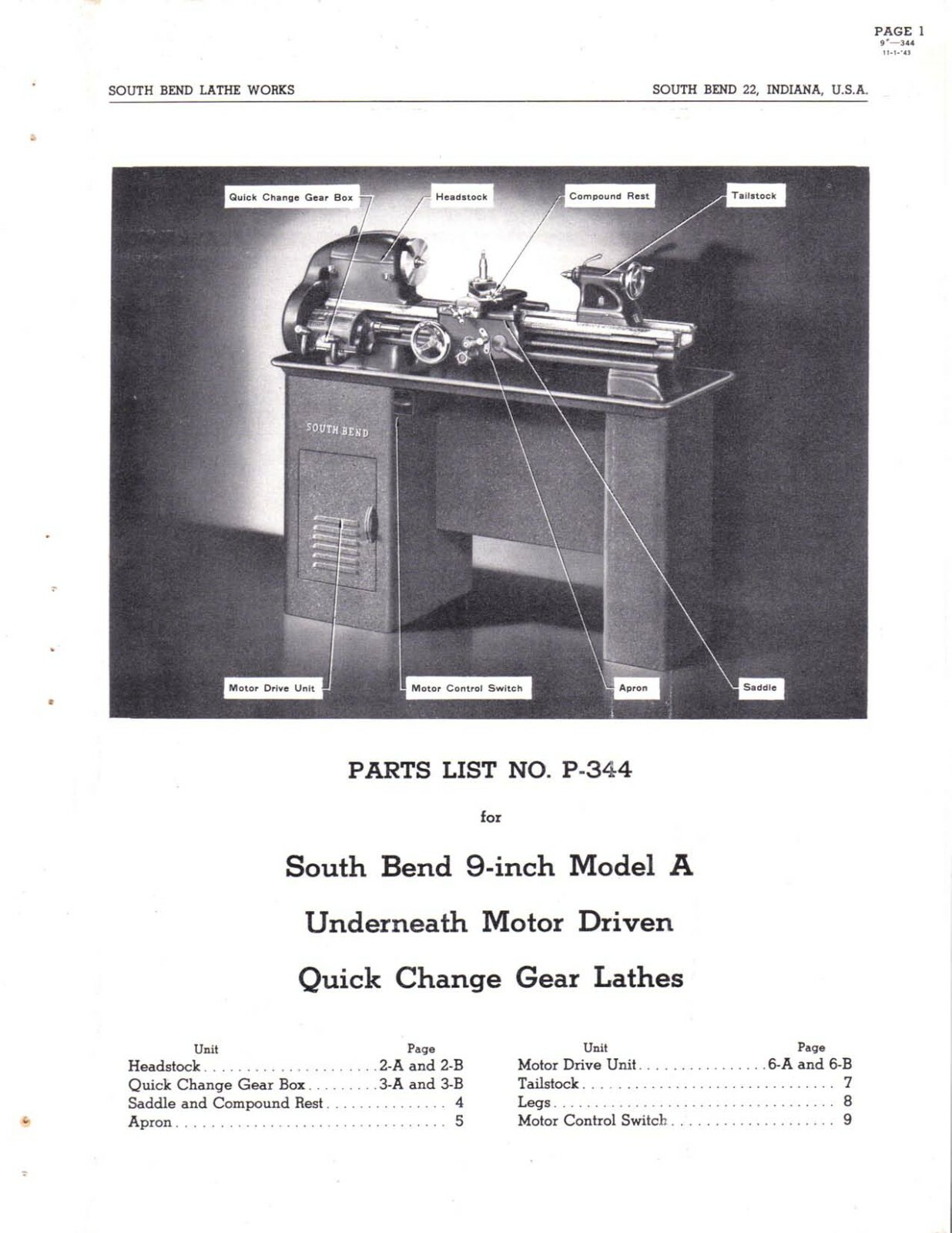 Manual 1945 South Bend Lathe No. P-344 – Parts List 9inch Model A Underneath Mot