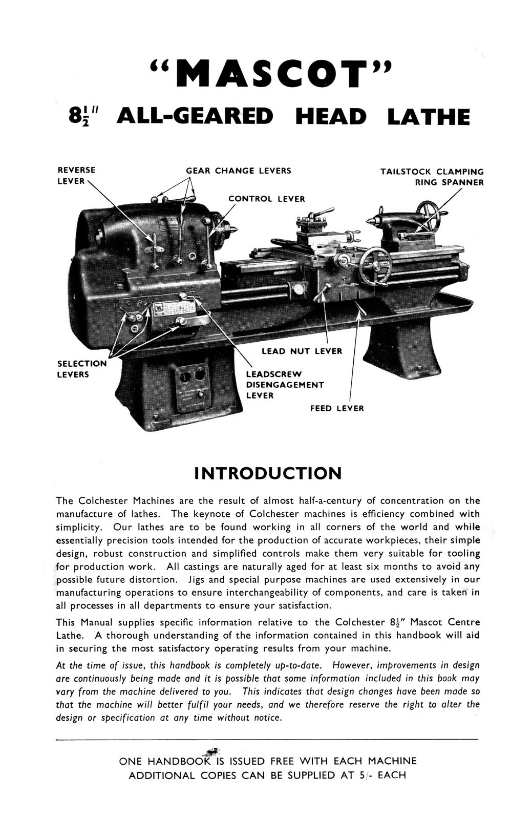 Colchester Mascot 8 1/2″ Centres Geared Lathe Instruction & Parts Manual #1407