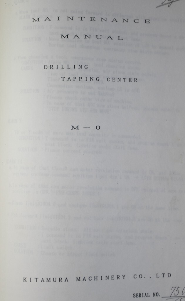 Kitamura CNC Lathe Mycenter-O Operations, Maintenance Programming Manual 1995