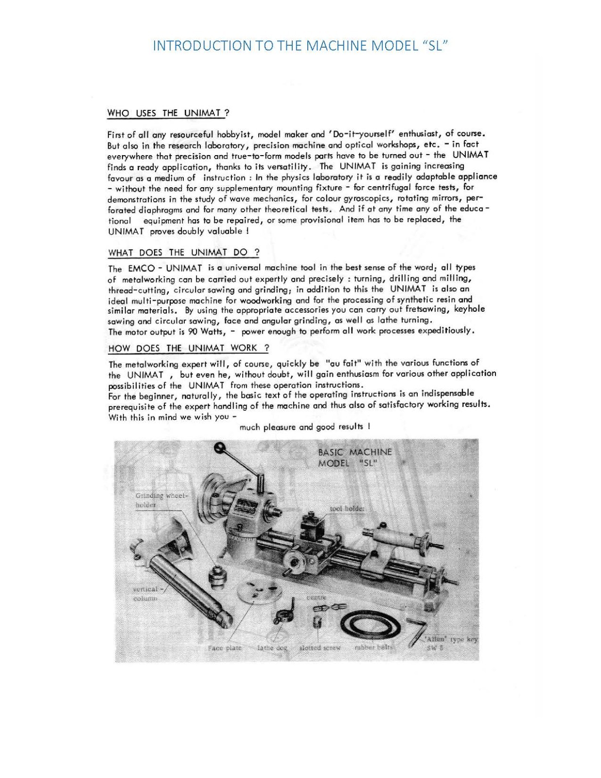 SL Model Miniature Machine Tool Operator Instruction Manual Fits Emco-Unimat 020