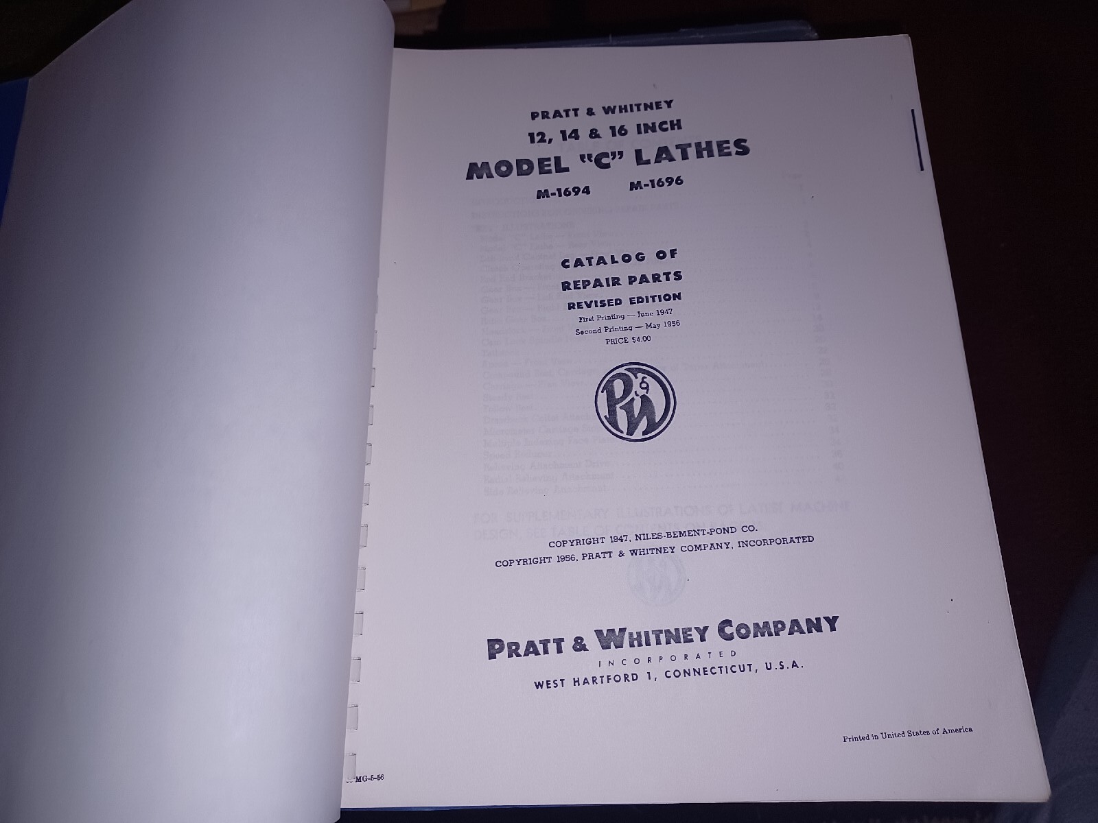 PRATT & WHITNEY Model C Lathe 14″ 16″ Instructions & Operator’s Manual Book