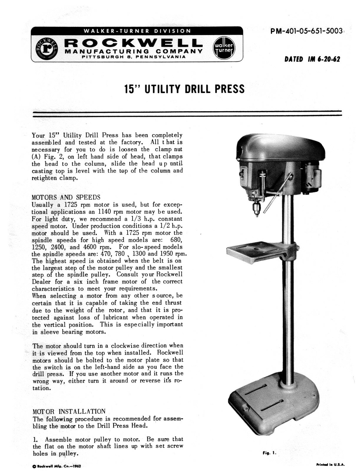 Rockwell Delta 15″ Utility Drill Press Instruction & Parts List Manual #1918