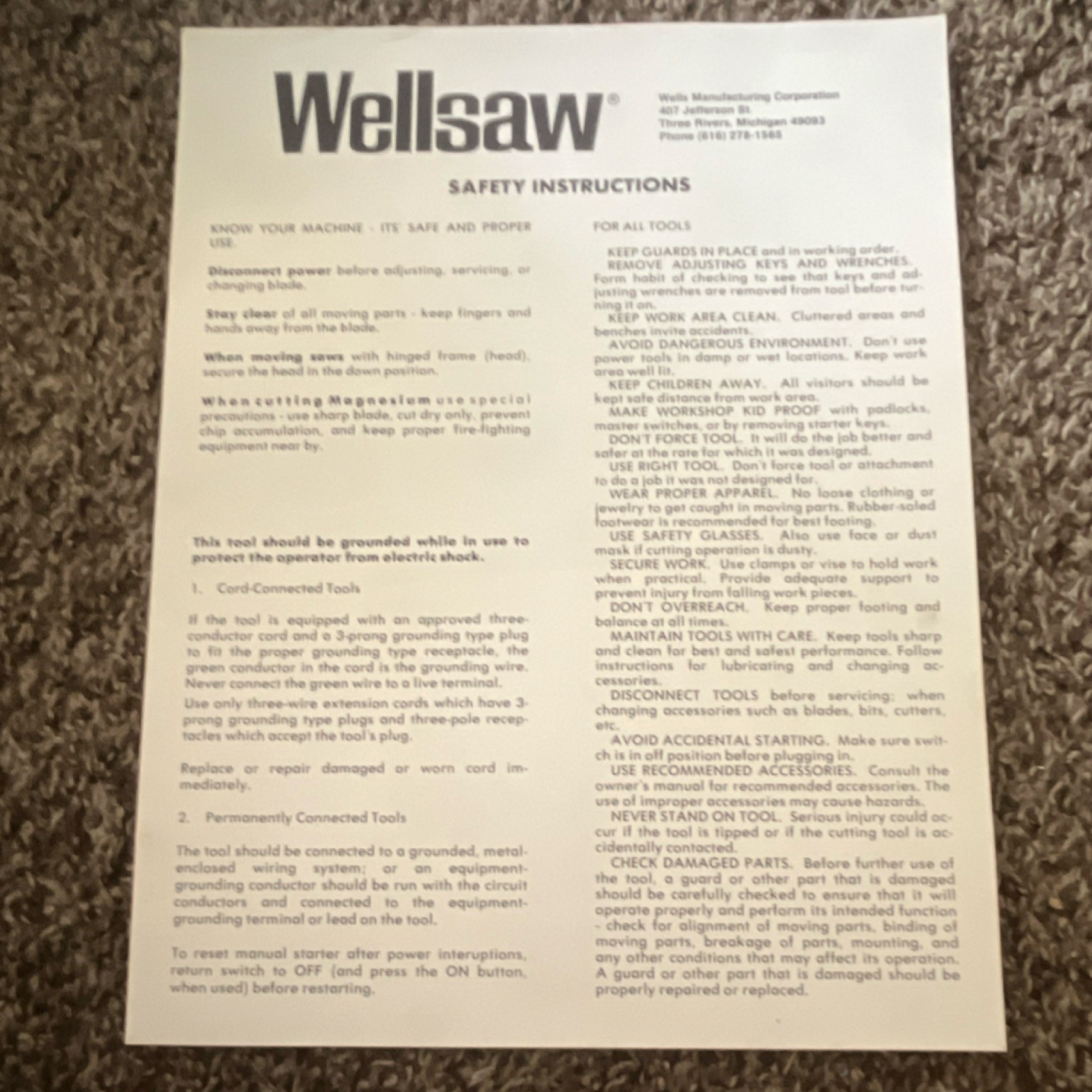 Wellsaw 850 Metal Cutting Band Saw Instruction Manual Parts & Safety Ops