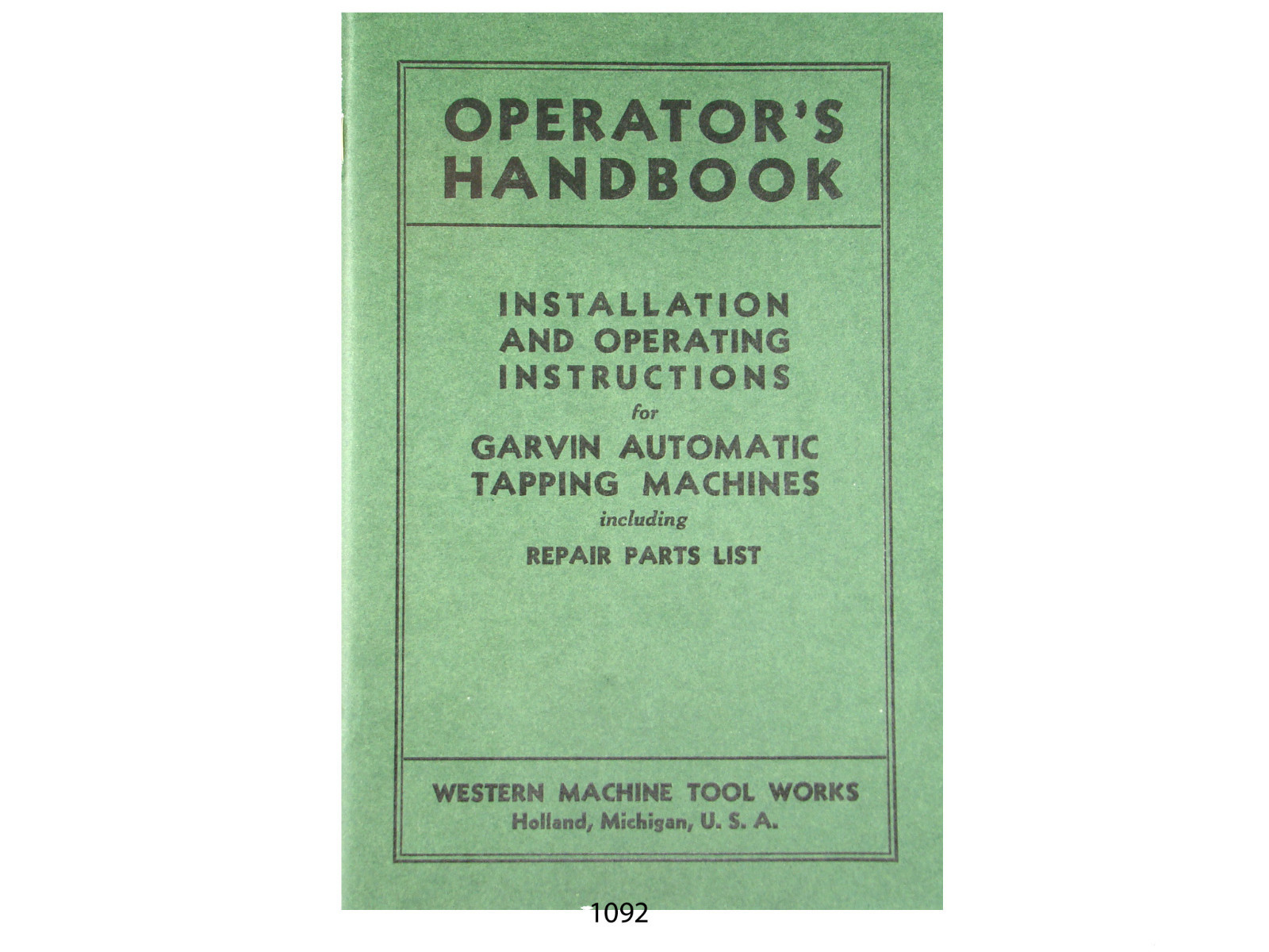 Western Machine Garvin Automatic Tapping Machine Operator & Parts List *1092