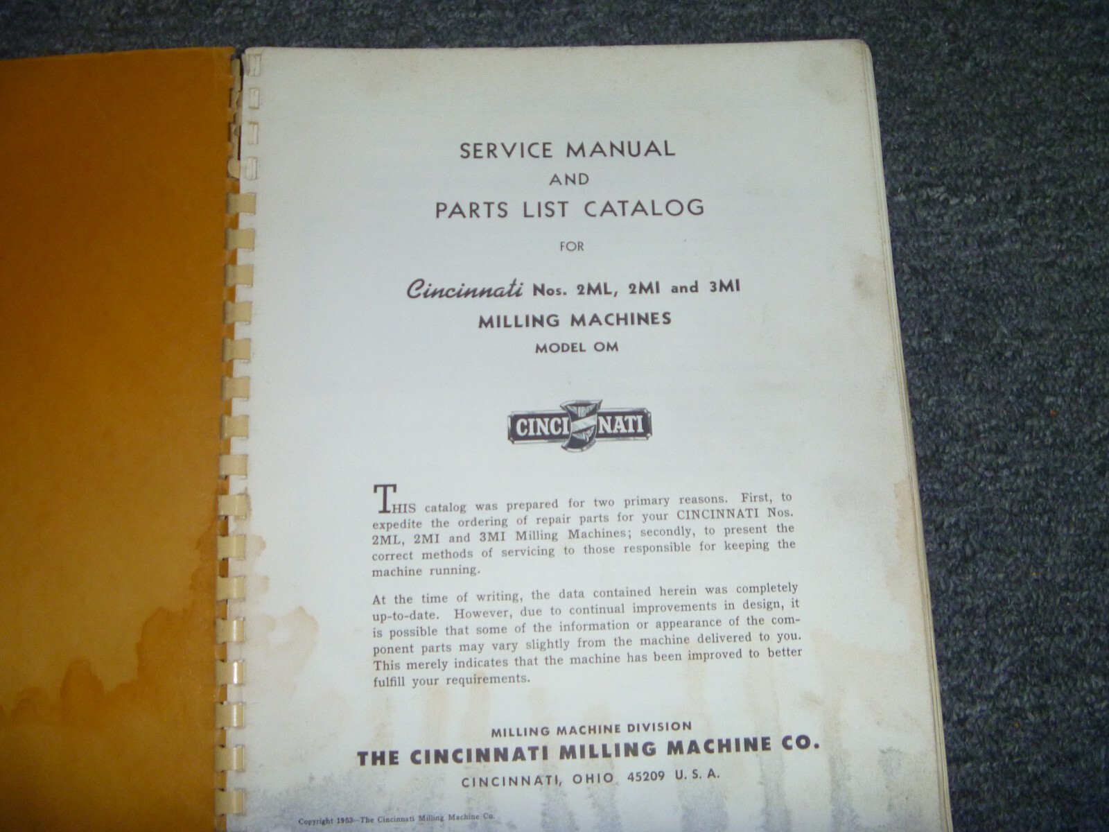 Cincinnati 2ML 2MI 3MI Milling Machine Parts Catalog & Service Repair Manual