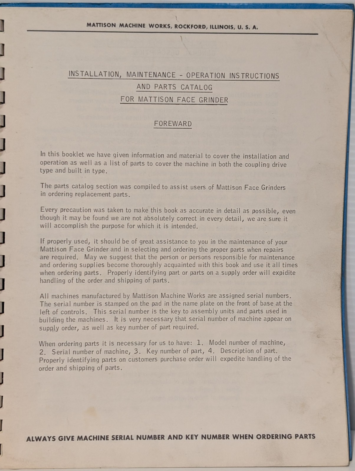 Mattison Grinding Machinery Operations Reference Manual for Face Grinders